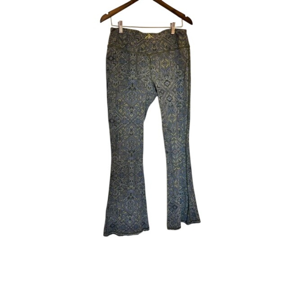 Prana Juniper Flare Leg Yoga Pants Green Blue Geometric Large Raw Hem